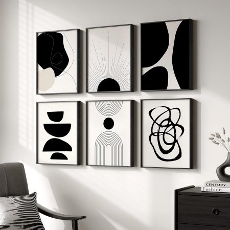 Framed Boho Black White Abstract Wall Art Set of Six