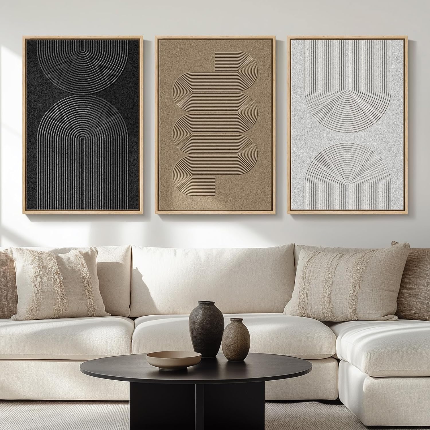 Large Framed Neutral Abstract Wall Art Set for Living Room